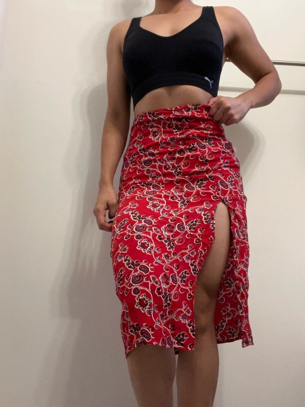 S26 Ba&sh Red Floral Midi Skirt